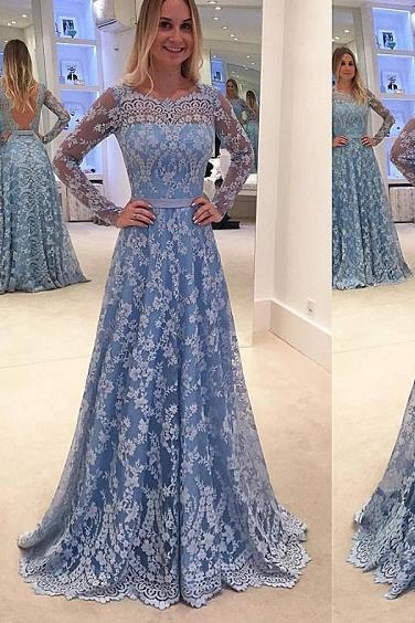 Buy Lace Evening Dress Blue Prom Gowns ...